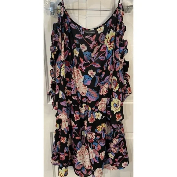 Bold Elements Colorful Floral Romper Size L Ruffled Cold Shoulder V-neck - Picture 7 of 7